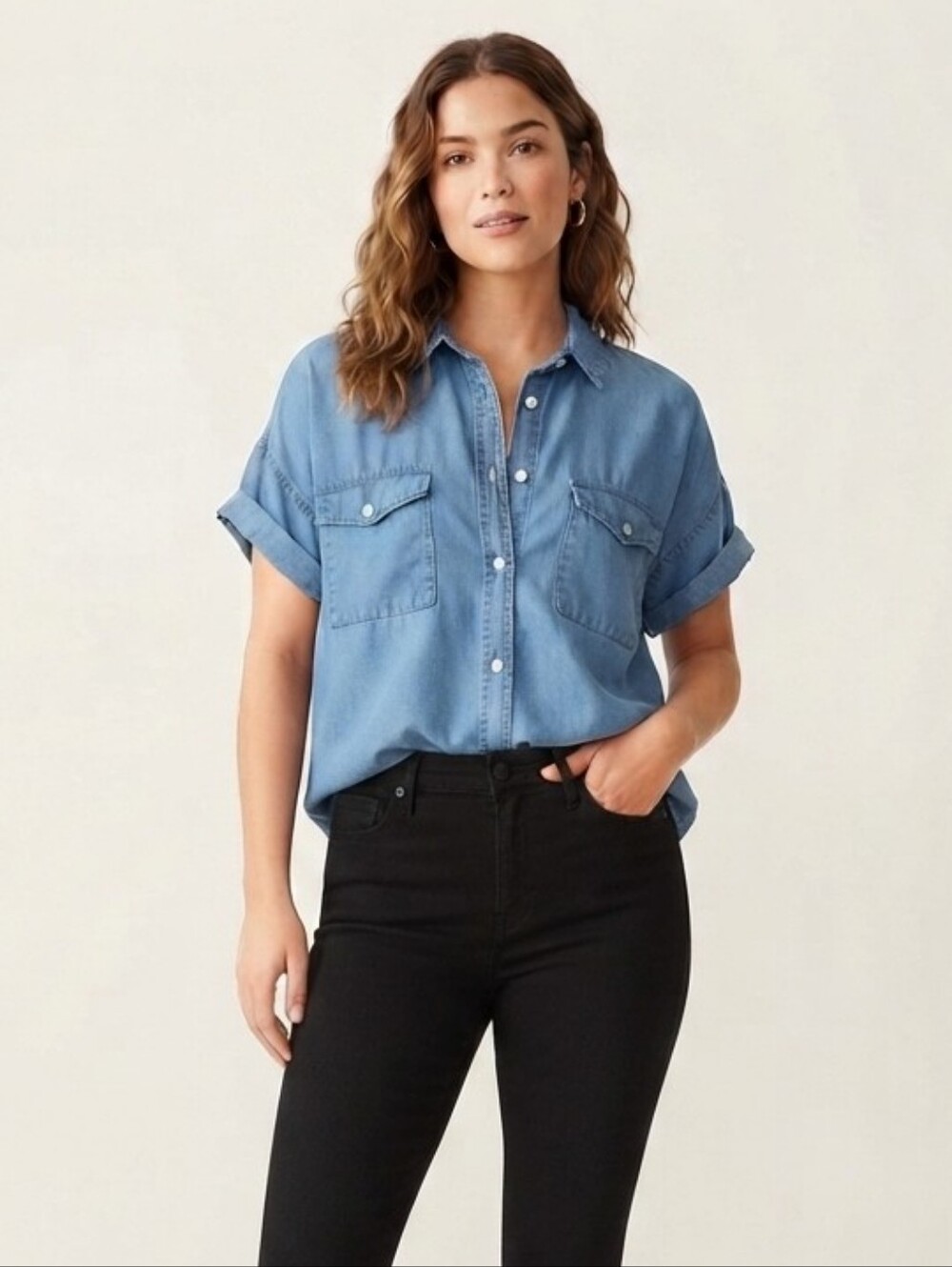 Thread & Supply Washed Denim Short Sleeve Button-Up in Light Blue